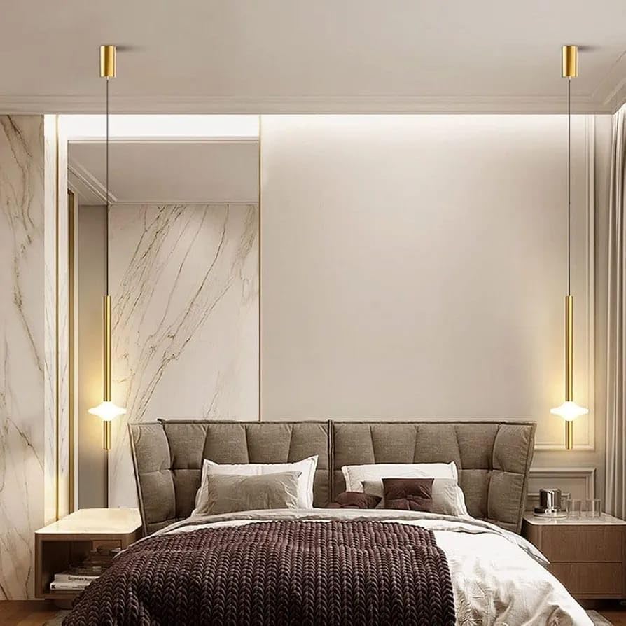 Image of Modern Gold Pendant Light with 3-Color LED | Adjustable Hanging Light for Bedroom & Living Room | Ceiling Hanging Lamp for Bedside, Home Decoration & Office