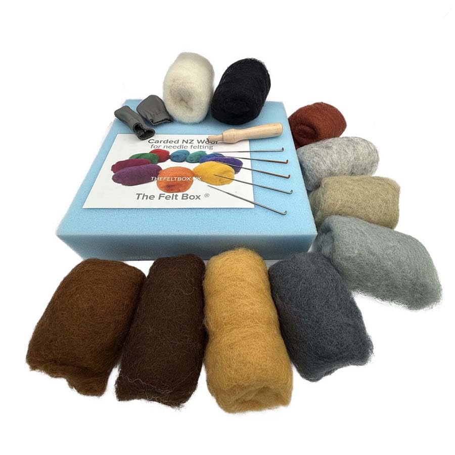 The Felt Box Needle Felting Starter Kit – 10 Grey & Brown Colours, 100g Wool, Needles, Mat and Tools