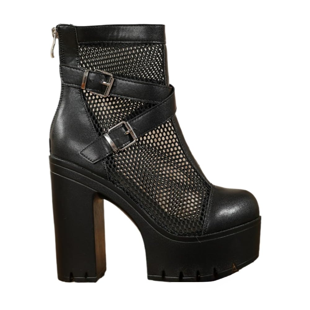 Faithgee Womens Ankle Rave Booties Goth Punk Witchy Mesh Hollow Out Cutout Platform Motorcycle Boots Crisscross Buckle Detail