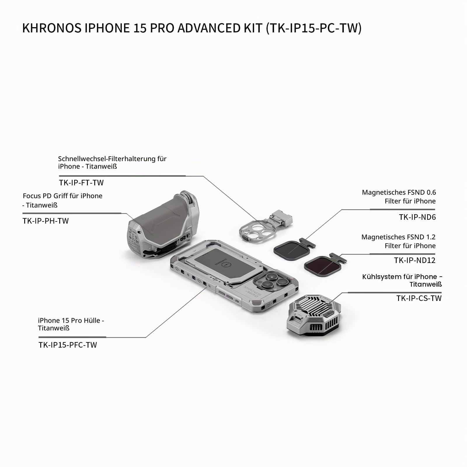 TILTA Khronos Handykäfig für iPhone 15 Pro mit Kühlsystem, Focus PD Griff, Schnellverschluss-Filterschale und magnetischem FSND 0.6/1.2 Filter, Smartphone Case Advanced Kit - Titanweiß TK-IP15-PC-TW
