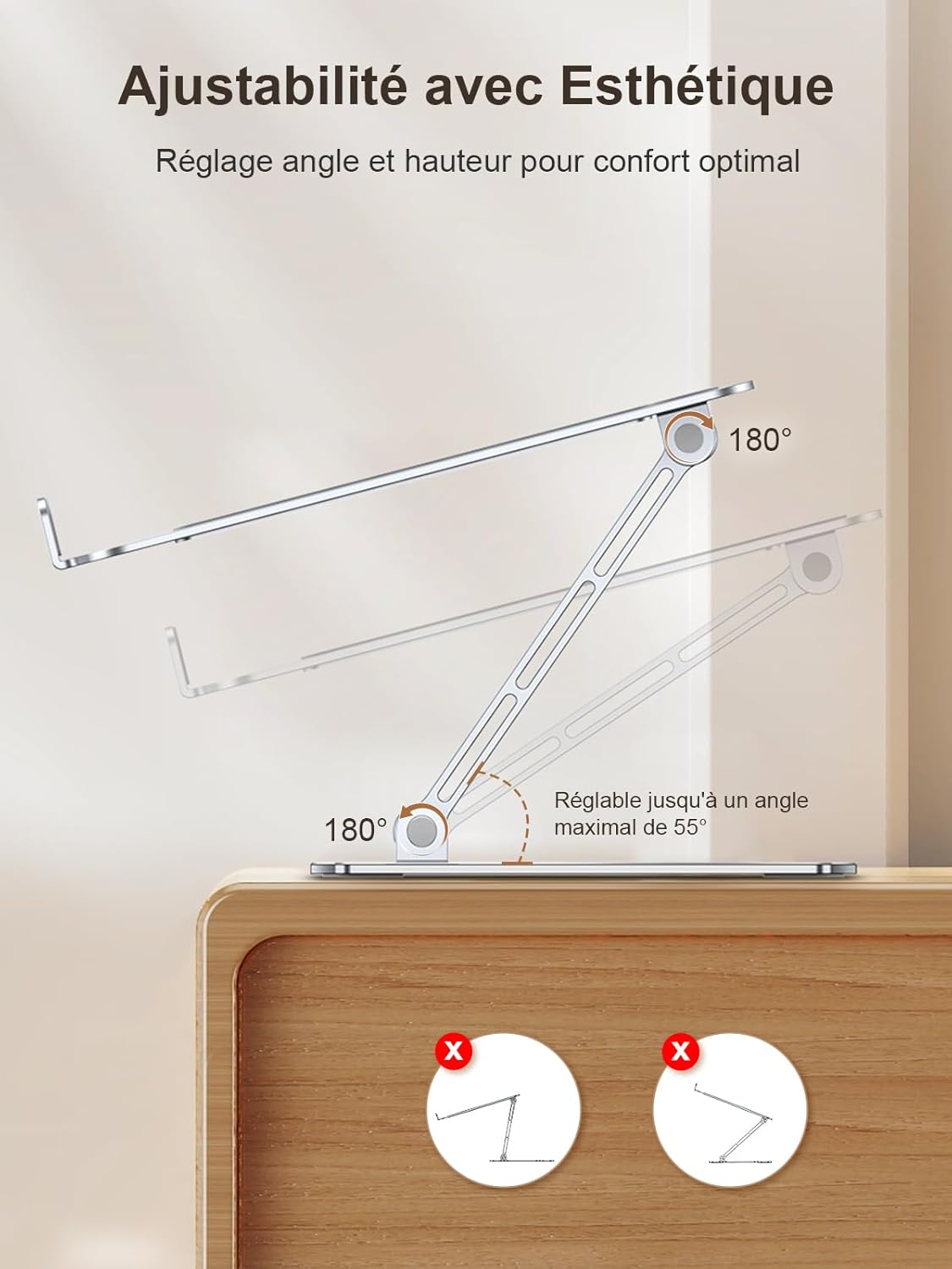 Diagram showing the stand's adjustable arm, illustrating a 180-degree rotation capability and an adjustable angle up to 55 degrees.