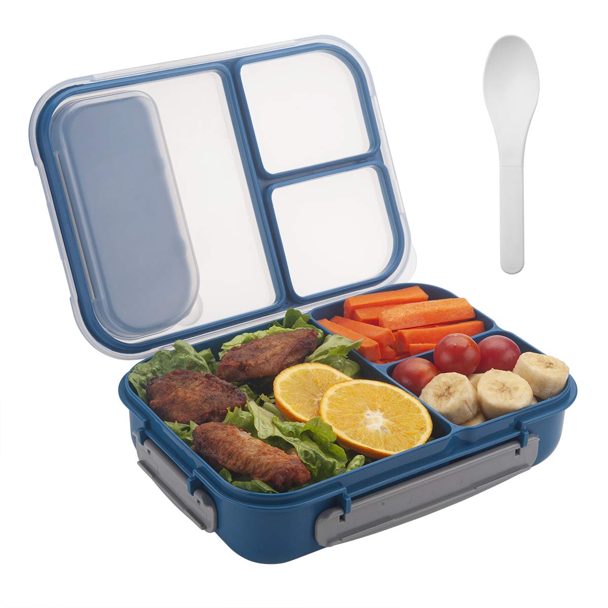 Freshmage Lunch Box Containers for Kids, Adult, Food Meal Prep Containers Leak-proof with 3 Compartments Dividers and Spoon -- Blue
