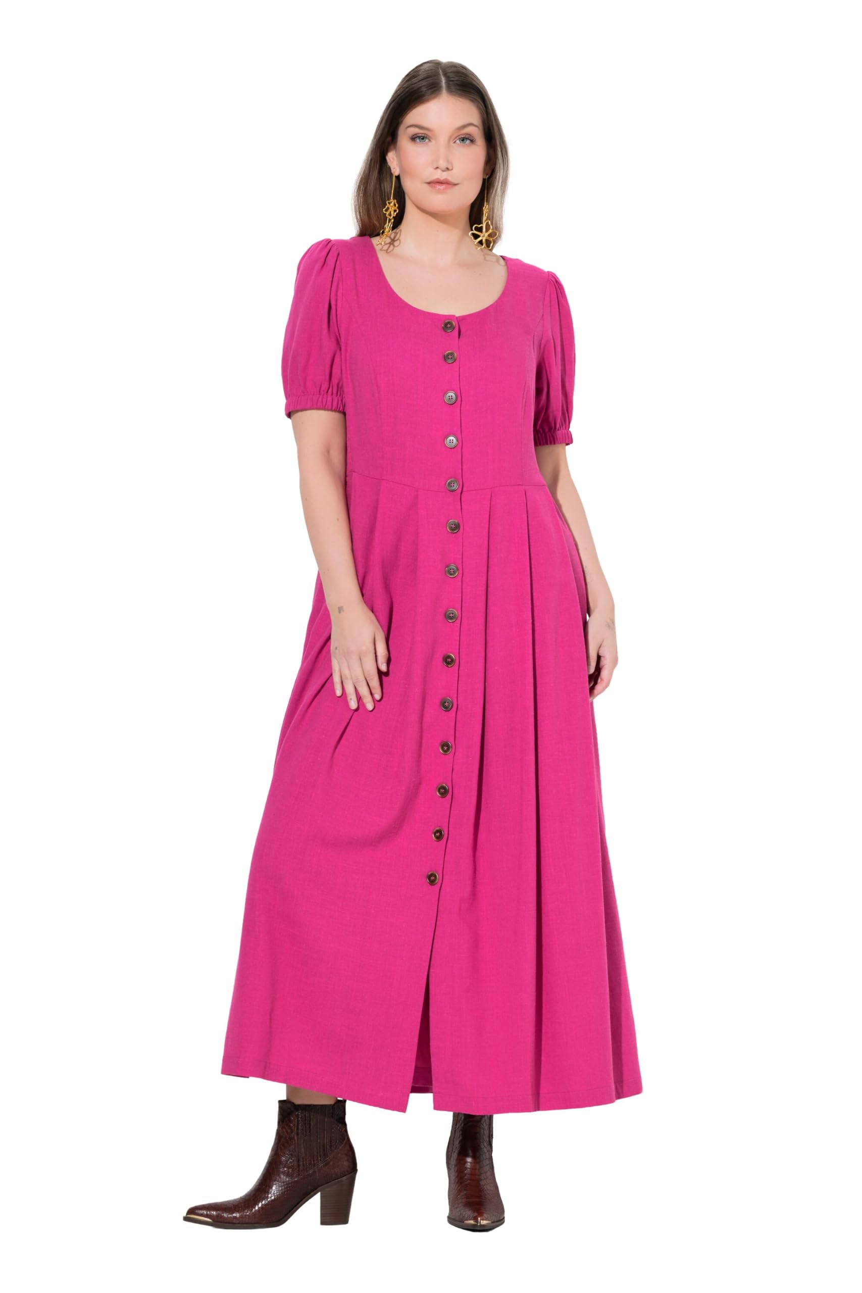 Ulla Popken Damen große Größen Übergrößen Plus Size Maxikleid, Smokeinsätze, Rundhals, Halbarm, Leinenmix 837420