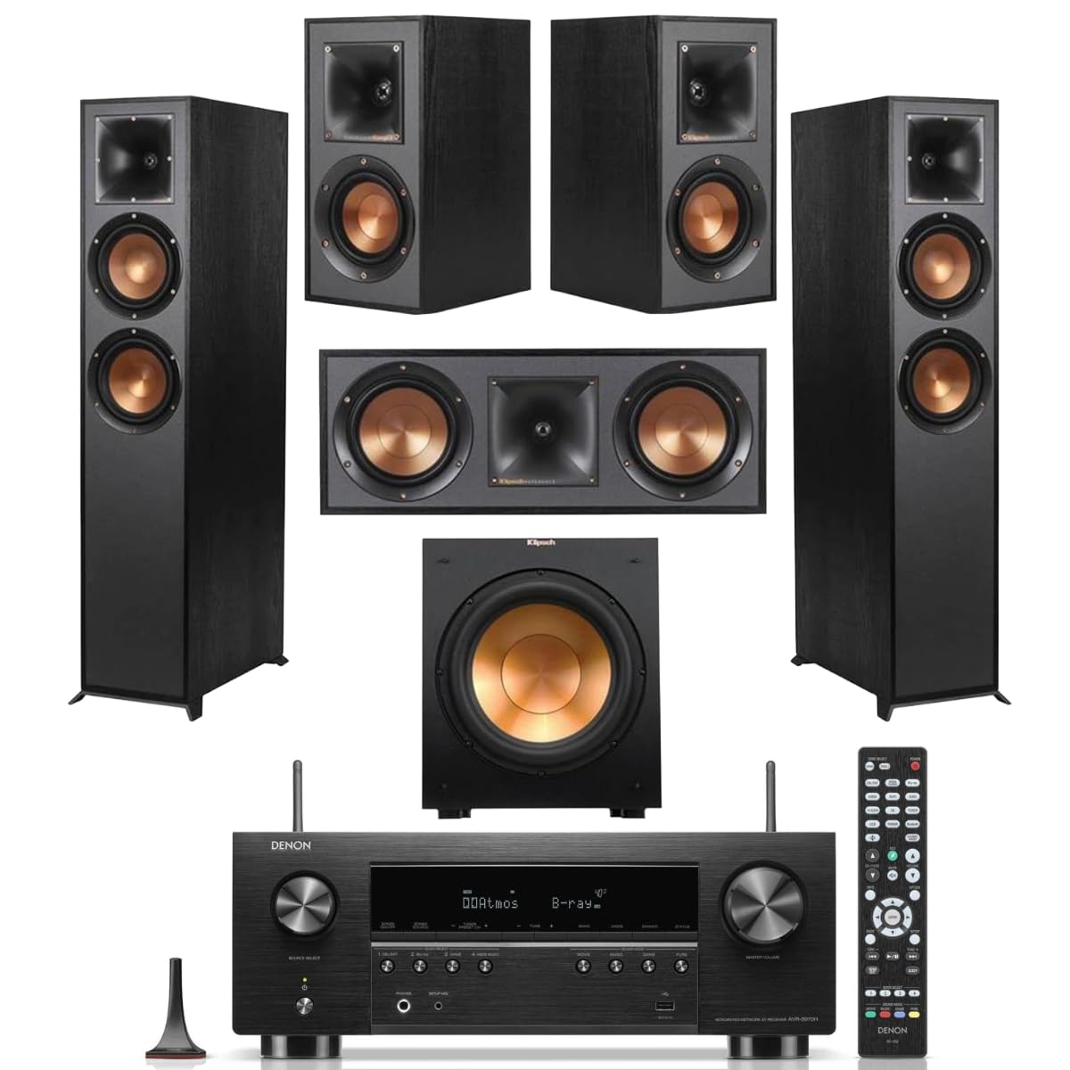 KlipschReference 5.2 Home Theater System, Bundle w/ 2X R-26FA Floorstanding Speaker, R-25C Center Speaker, R-41M Bookshelf, R-12SW Subwoofer & Denon AVR-S970H 7.2-Channel Receiver