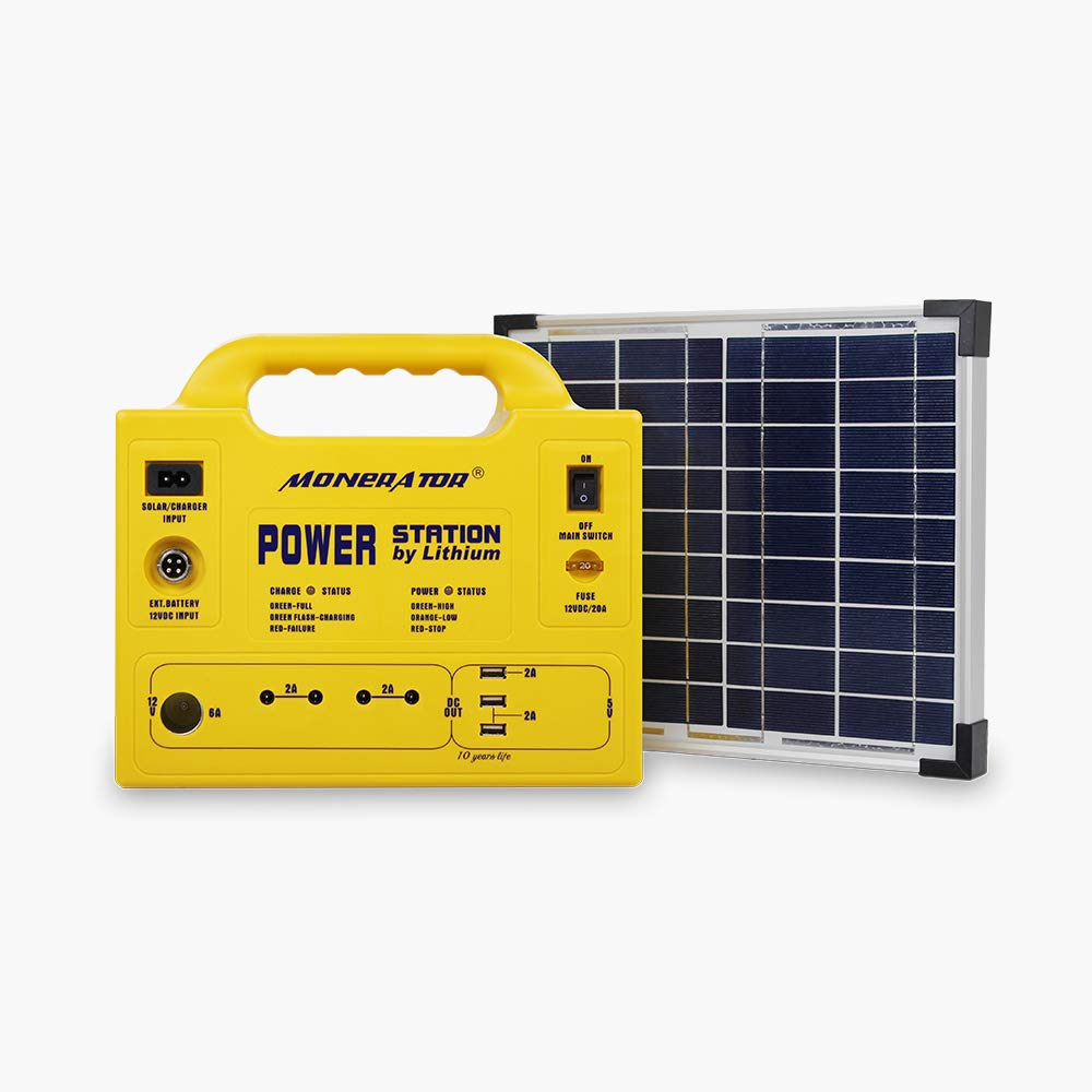 monerator Portable Generator Power Station 128 Wh Rechargeable Solar Generator Lithium Ion Phosphate (LiFePO4) Battery with Solar Panel 12V DC/110V AC for Camping Fishing Earthquake Emergency