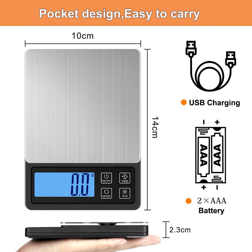 Feadem USB Rechargeable Digital Kitchen Scale, 3000g/0.1g High Accuracy Precision Multifunction Food Meat Weed Jewelry Scale with HD Back-Lit LCD Display (Batteries Not Included)