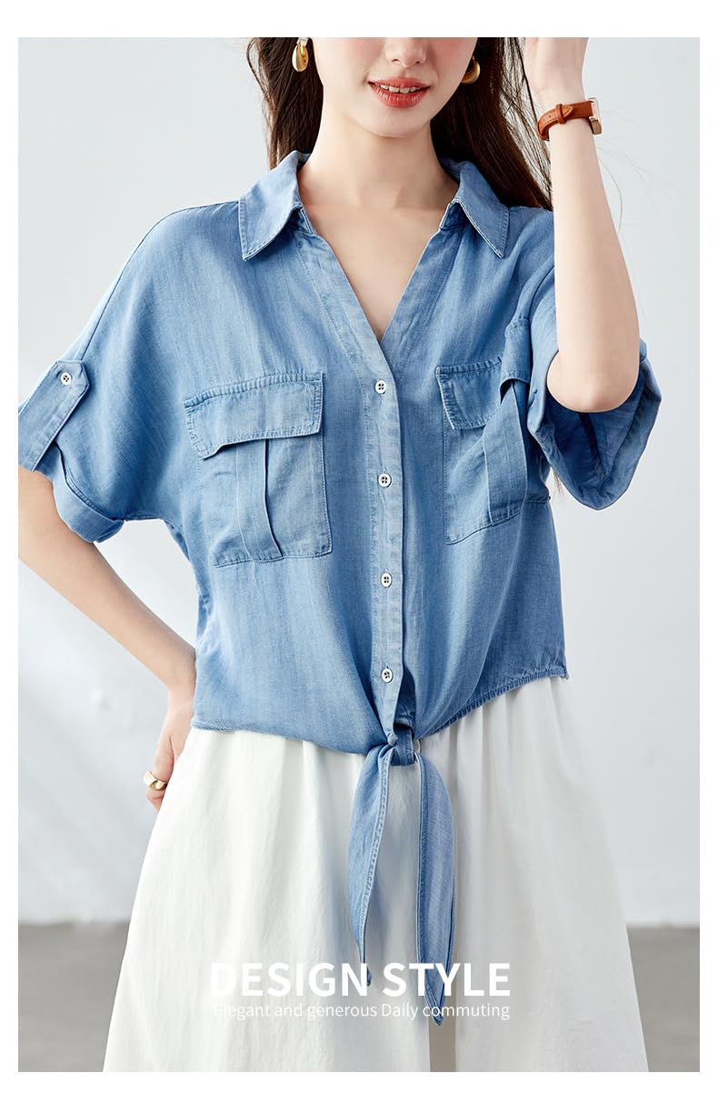Chemise Oversize en Denim Doux Tencel pour Femme, Légère, À Manches Courtes Retroussables, Col À Revers, Fermeture Boutonnée, Ourlet Noué Et Poches, Idéale pour L'Été Le Travail A