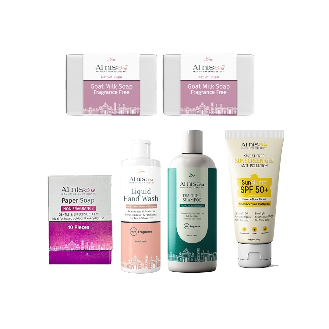 AL NISA Hajj/Umrah Kit Fragrance Free Liquid Hand Wash 100ml, Fragrance Free Goat Milk Handmade Soap Set 2 100gm each x 2 and Herbal Hair Shampoo 250ml with Sweat Free Sunscreen Gel Spf 50+ 50ml Combo Set of 5 (250ML)-image-43