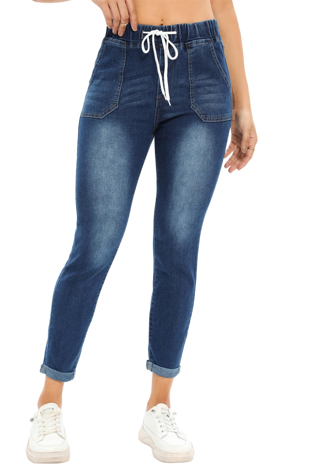SotRongElasticated Waist Skinny Jeans Women Drawstring High Waist Pull On Stretchy Denim Jeggings Ladies Slim Fit Tapered Leg Cropped Trousers with Pocket