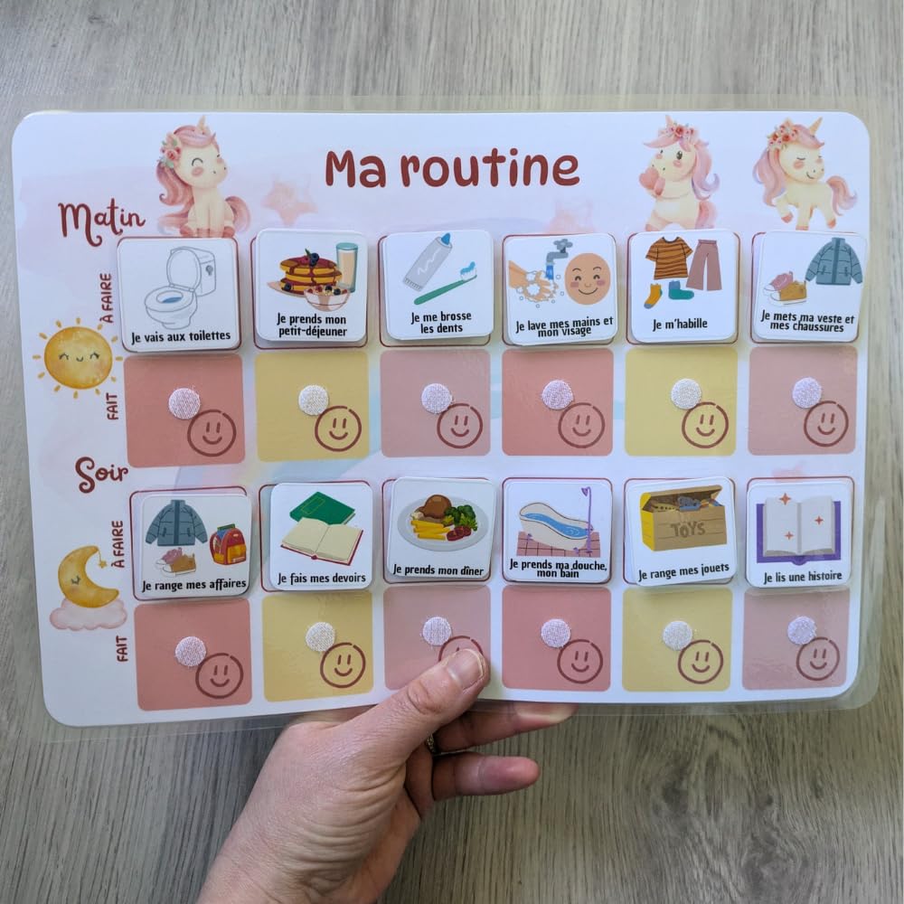 Licorne Tableau routine enfant Planning matin soir Calendrier tâches rituels 30 étiquettes