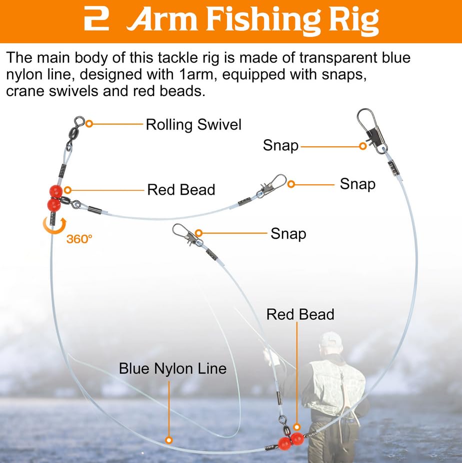 Fishing Wire Leader Fishing Rigs 12Pcs Nylon-Coated Lines with Swivels Snap Beads, Stainless Steel Hooks Crimps Saltwater Freshwater for Fishing Lovers Angler