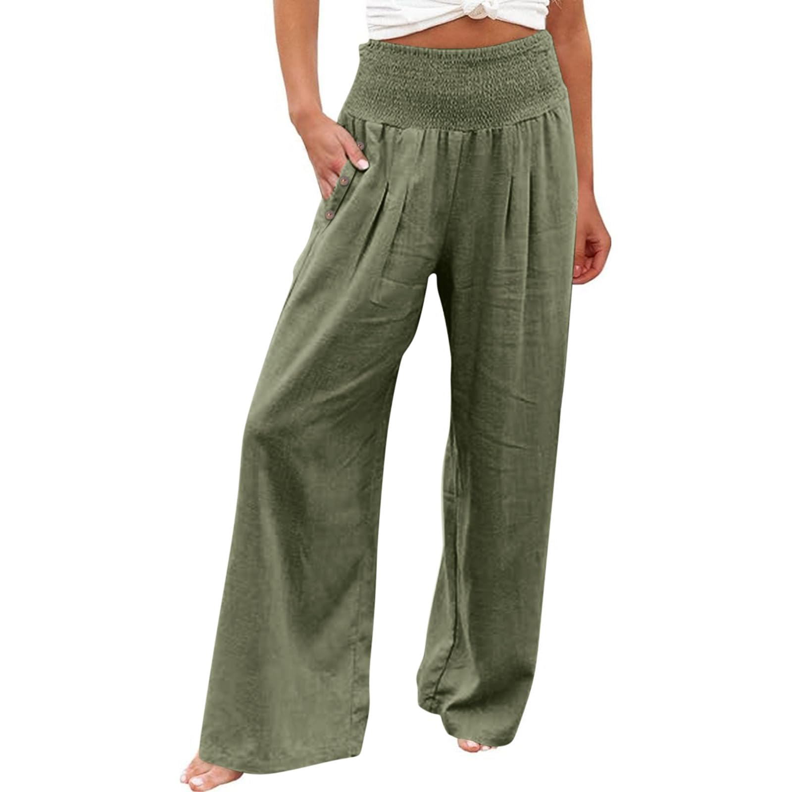 Damen Leinenhose Sommer - Bequeme Palazzo Hose Mit Hoher Taille