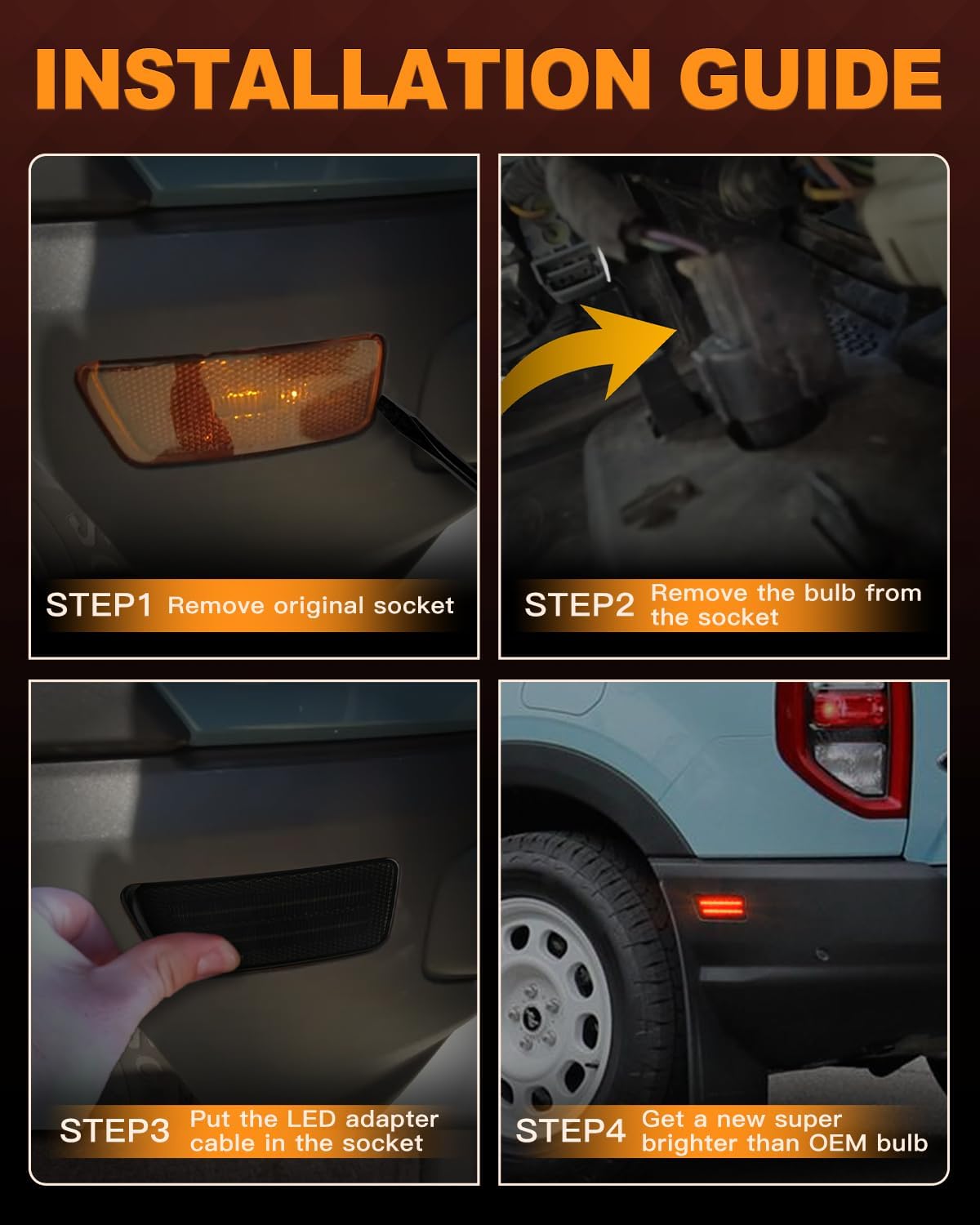 Rear LED Side Marker Lights 5X Brighter Than OEM Bulb Compatible with Ford Bronco Sport 2021-2024 Smoked Lens Plug and Play,Easy Installation