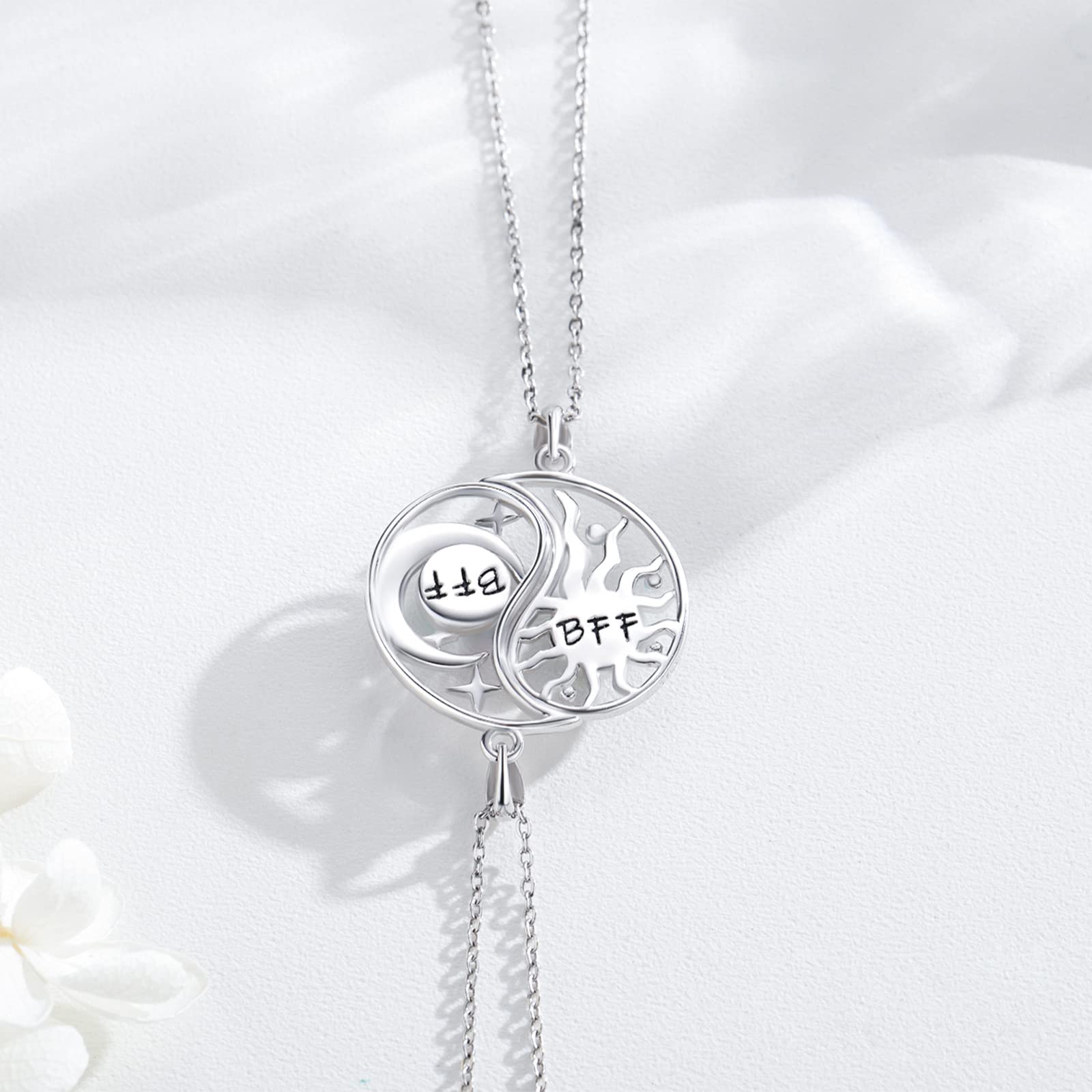 2 Stücke BFF Halsketten Armband Mond Sonne 925 Sterling Silber Schwestern Armband Halskette Runden mit Kristallen Sonne und Mond Freundschaftskette Freundschaftsarmband BFF Schmuck für 2