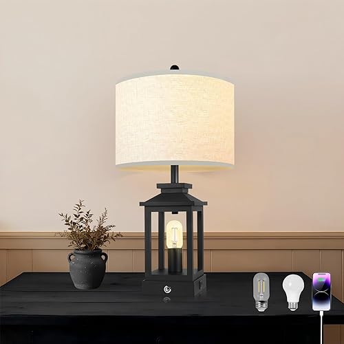 Miniatura 8 de Lámpara de mesa negra de granja para dormitorio, lámpara de noche regulable de 3 vías con puertos USB-C y USB-A, lámparas táctiles retro para mesita