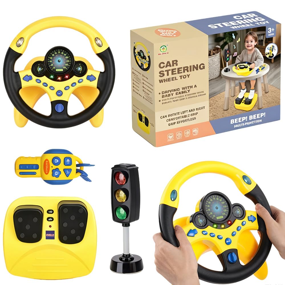 Foreverup Kinder Lenkrad Spielzeug, Simulierter tragbarer Fahrregler, Fahrsimulator Auto Simulation Spielzeug mit Bremse und Gaspedal, 360° Rotation, für Geburtstagsgeschenk, Gelb