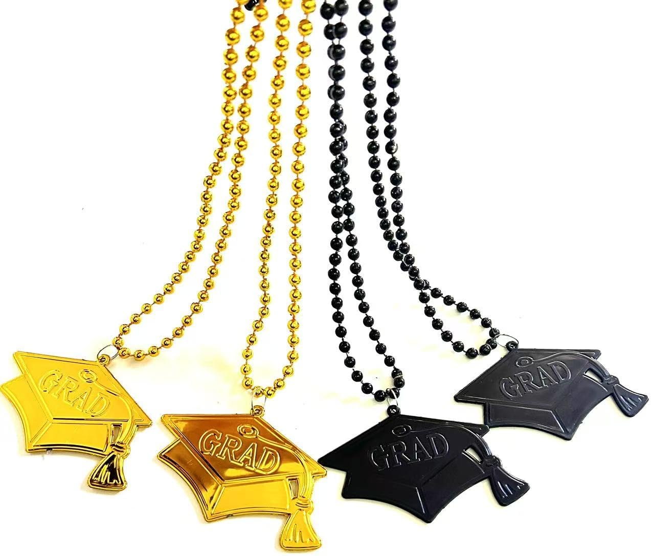 30 Pcs Graduation Cap Gold Black Party Pendant Beads Necklace Graduation Cap Shape Beads Necklaces Party Favor Gifts Supplies