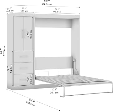Bestar Nebula Full Murphy Bed with Wardrobe (84W) in Bark Gray, Sleeping Arrangement and Closet Organizer for Multipurpose Room | Wardrobe; supports up to 1000 lb; min. ceiling height 85.8 in.; dual piston mechanism;
