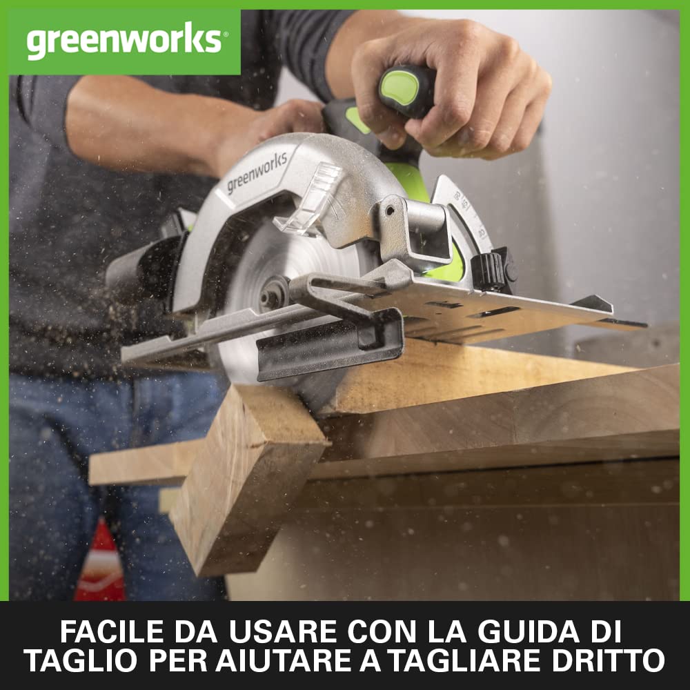 Greenworks 24V GD24KSK2 Sega Circolare a Batteria, Motore Brushless 4800 giri/min, Lama Ø165 x Ø20 mm, Profondità di taglio: 67 mm, con Batteria 2Ah e Caricabatterie