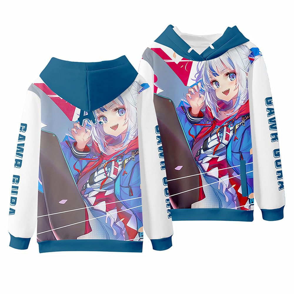 Charous Unisex Blue 2 Anime Virtual Anchor Gawr Gura Cosplay Cartoon Print Hoodie, Casual Sweatshirts Used For Gura Fans Gift