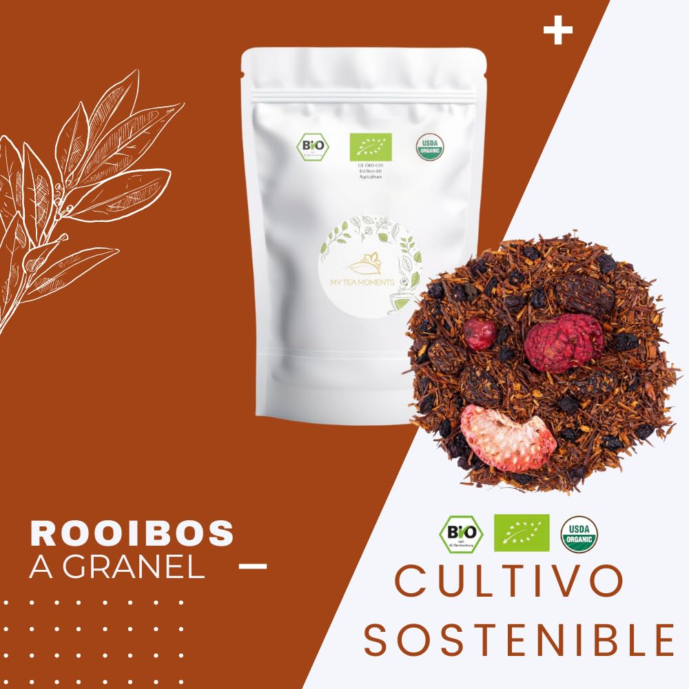 Rooibos de Frutos Rojos a Granel 100 Gramos - My Tea Moments - Cultivo Sostenible - Ingredientes Naturales: Baya de Saúco, Frambuesa, Fresa, Grosella, Grosella Negra, Uva Pasa.