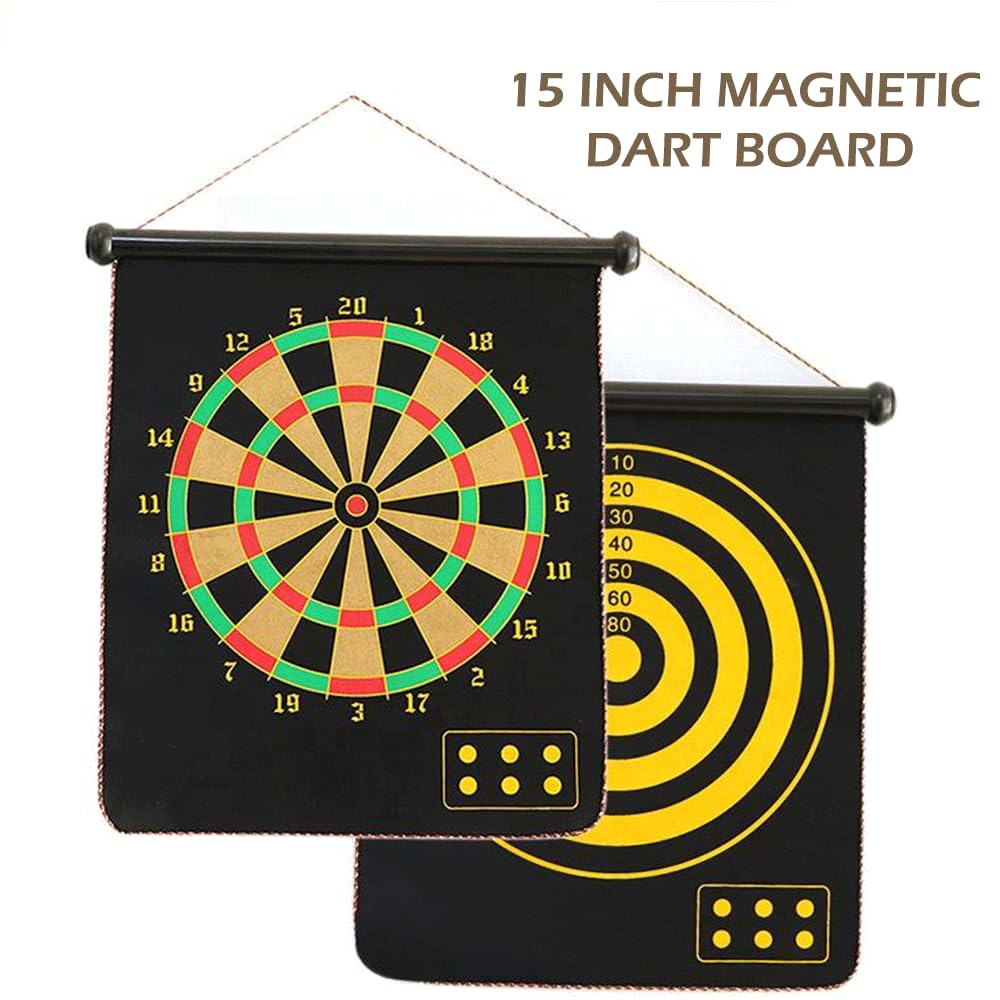 Dart Board Game for Kids, 15 INCH Double Side Playing Dartboard with 6 Pin, Easy to Hang Indoor Games for Family, Hard Wood & Metal Wire Darts Board Game for Adults (15 INCH Dart Cloth) 2