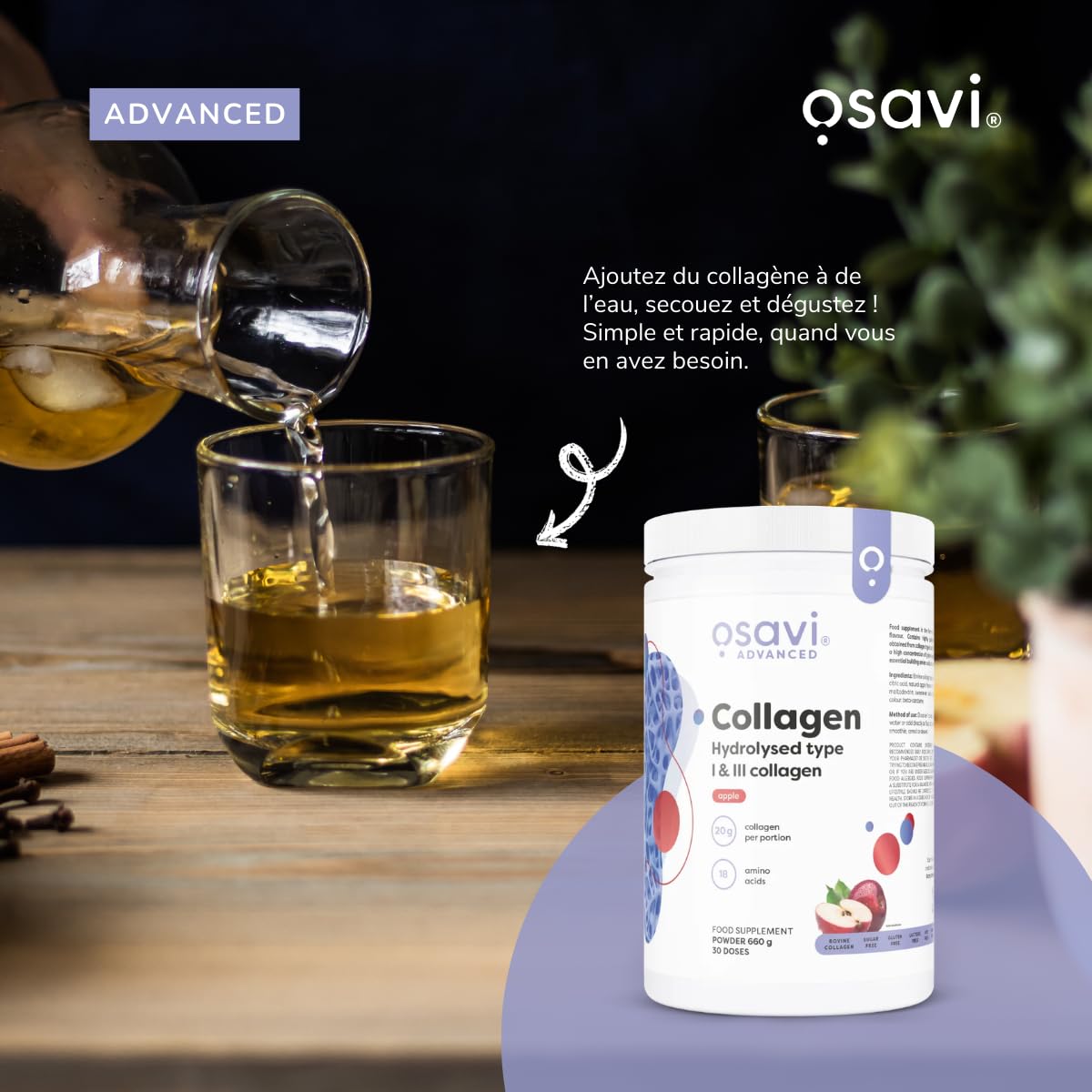 Osavi Collagène Hydrolysé Type I & III – 660 g Poudre | Saveur pomme | 20 g de peptides par portion | 18 acides aminés dont glycine & proline | Soutient muscles & os | Se dissout facilement