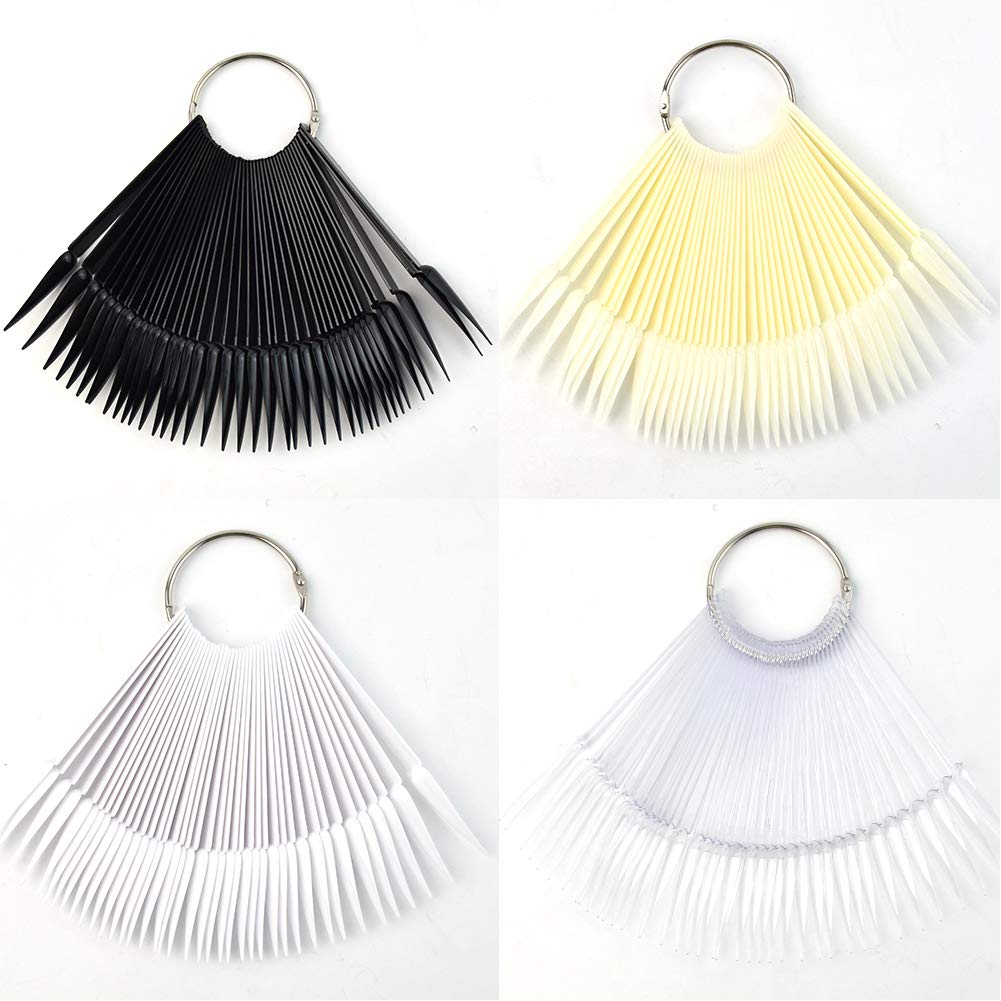 QIMYAR160 Pcs False Nail Sticks Nail Art Tips Display Polish Board Fan-shaped Nail Swatch Sticks Nail Practice Color Display Nail Supplies Transparent/Black/Natural/Milky Colors, Stiletto Nails Tips