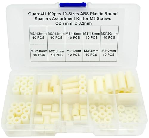 Juego de 100 espaciadores redondos de plástico ABS de 10 tamaños para tornillos M3, OD 0.276in, ID 0.126in, longitud 0.079in, 0.157in, 0.236in,