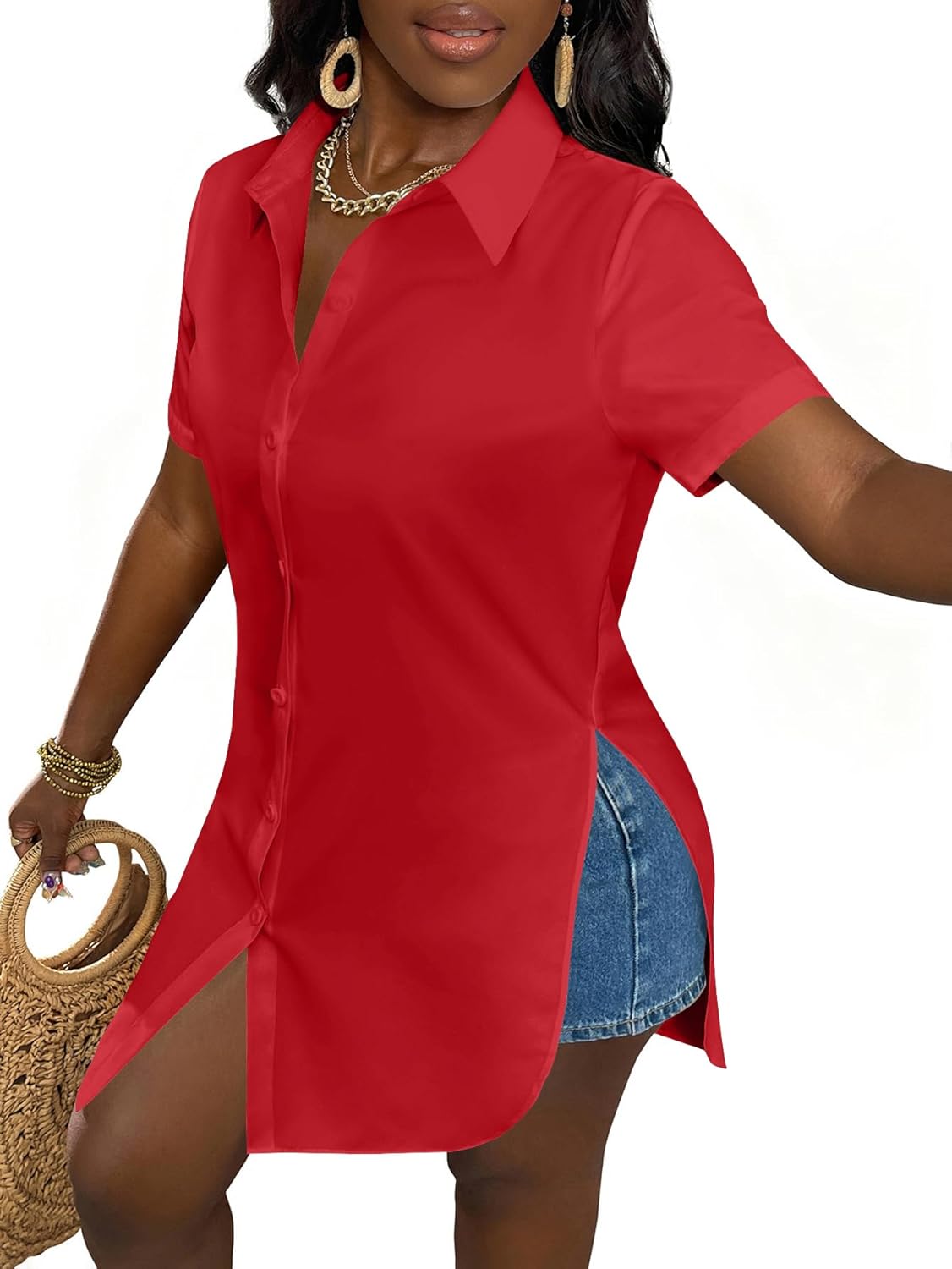 LYANER Women's Collar V Neck Button Down Slit Hem Short Sleeve Blouse Long Shirt Top - Image 6