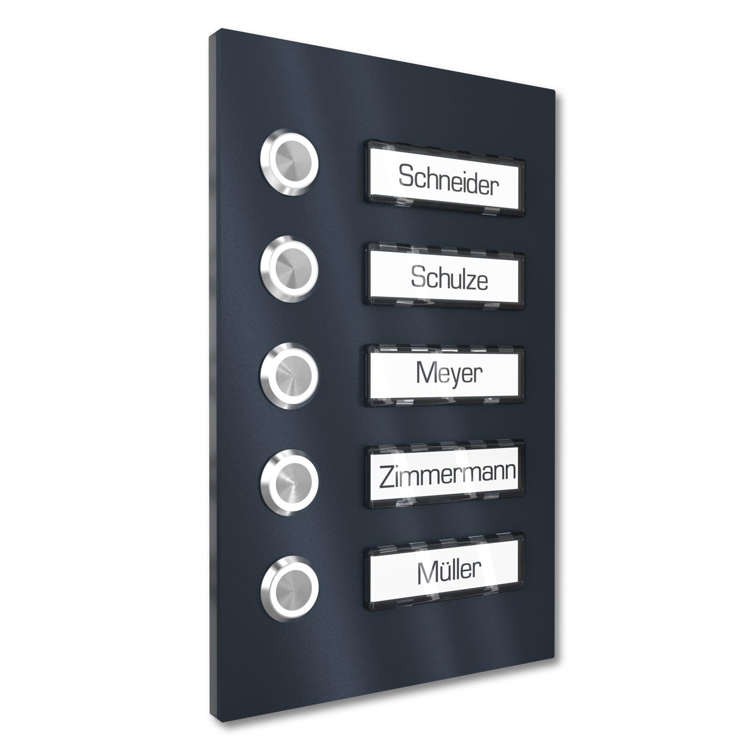 Timbre multifamiliar de superficie con pulsador LED 5 placas de nombre - V2A de acero inoxidable 140x220 mm Pintura en polvo RAL 7016 - Iluminación de nombre seleccionable