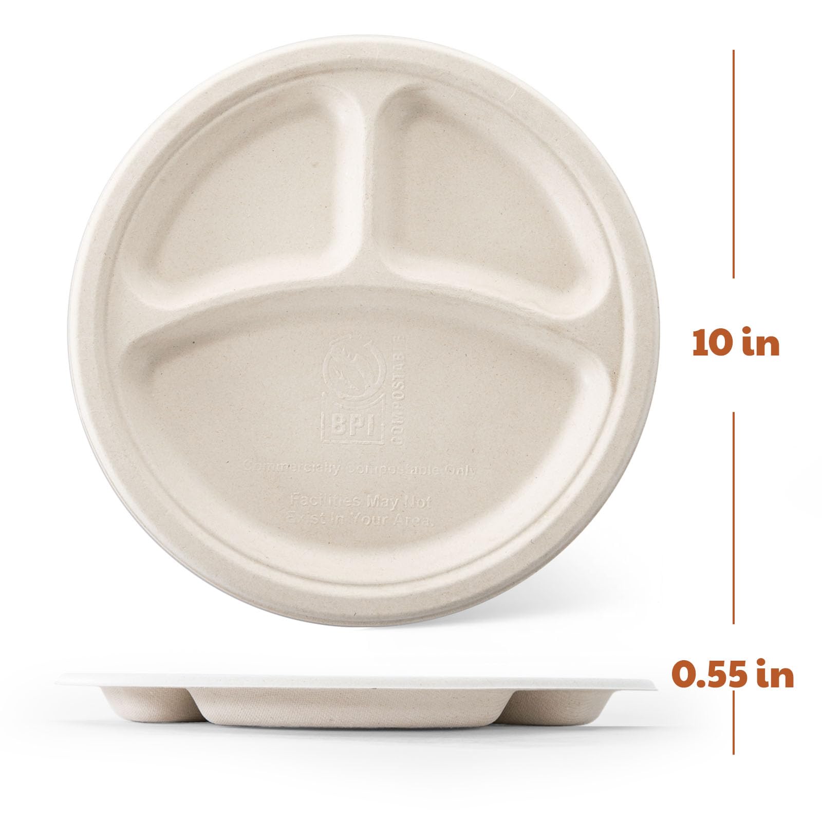 Kompostierbare Pappteller, 25,4 cm, 3 Fächer, Einwegteller, biologisch abbaubar, Bagasse, robuste Sektional-Lunch-Tabletts für Buffet, Grillen, Partys und den täglichen Gebrauch (Natur)