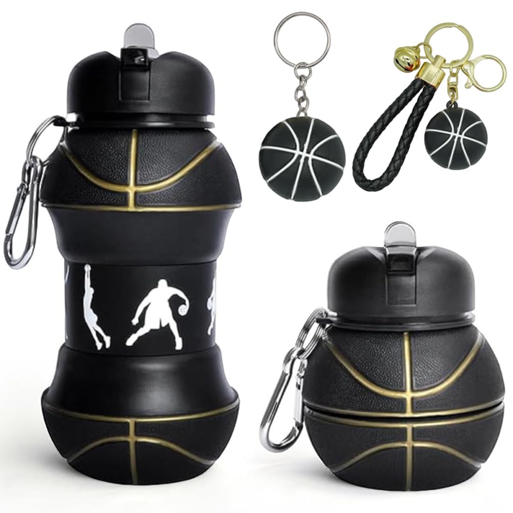 Glibbertoy Boys Black Collapsible Water Bottle & Keychain Set- 550Ml Silicone Bottle With 2Pcs Basketball Shape Keyring - Foldable Drink Sports Water Bottle Gift For & Girls Sports Fan (Black)