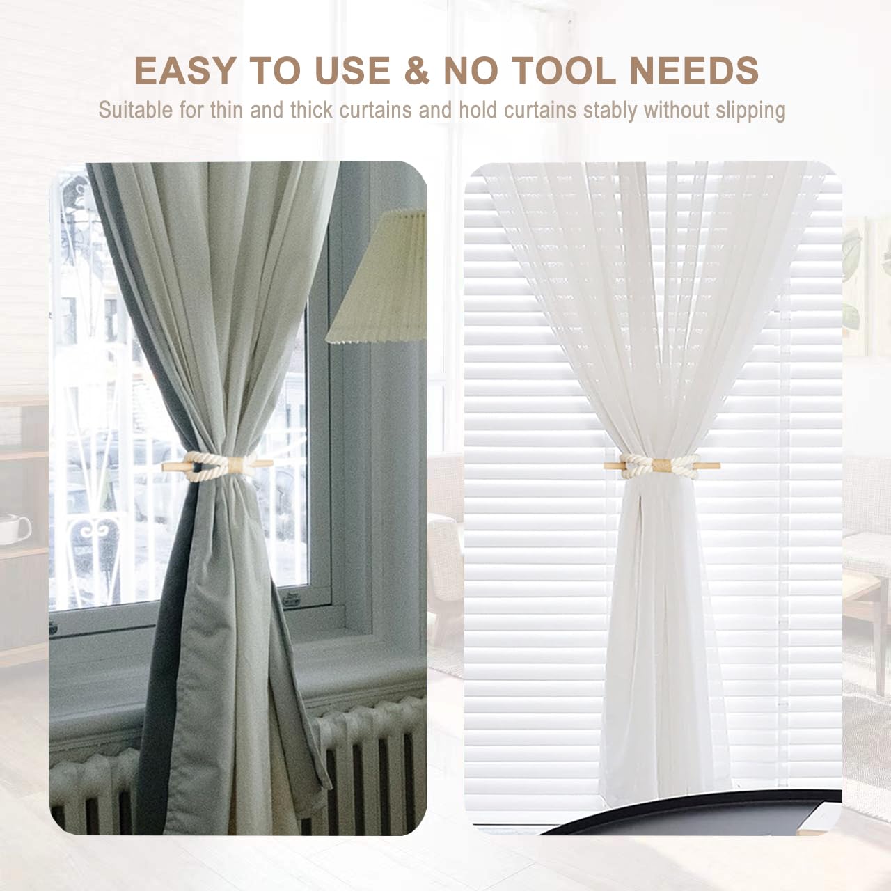 MAKNGRID and Curtain – Window | Natural Cotton Kitchen Installation Set of 4 Tiebacks for Rope No-Drill Decorative Rustic, Outdoor, Holdbacks Décor Beige Farmhouse, 3