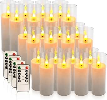 24-Pack Premium Flameless LED Candles - White & Clear Acrylic Pillar with Flickering Flame, Remote & Timer