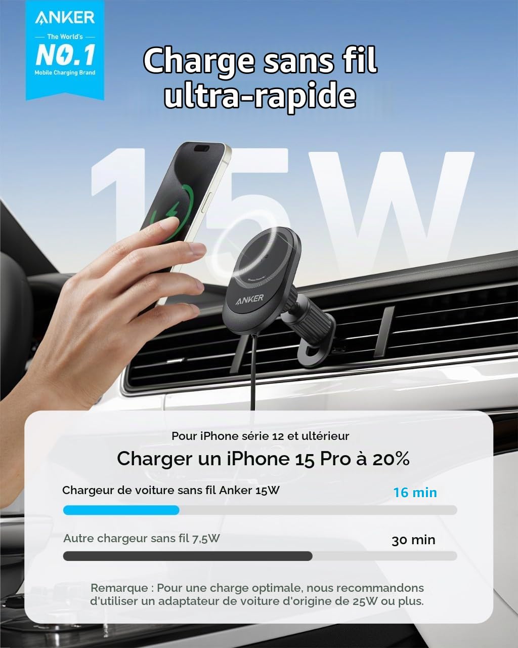 Anker Chargeur Magsafe Allume-Cigare à Induction 15W, Chargeur pour Automobile Rapide, Angle Ajustable 360° et Magnet Puissant, Support téléphone, pour iPhone séries 16/15(câble et Adaptateur Inclus)