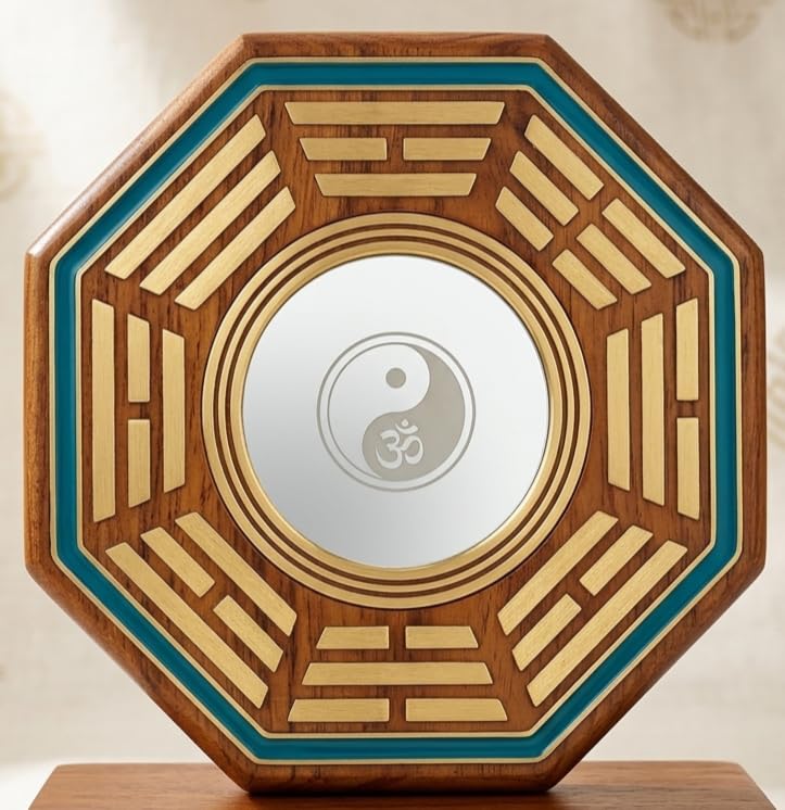 Feng Shui Bagua Mirror with Yin Yang Om Symbol, Wooden | Octagonal Shape, Teal Accent Border, Vastu Decor, Wall Hanging, Brass Inlay Design-image-9