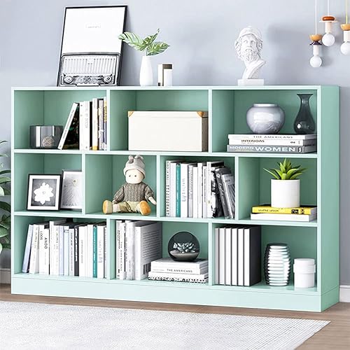 IOTXY Estantería baja con estante abierto, organizador de madera de 3 niveles con base, estantería horizontal corta de 10 cubos en verde Tiffany
