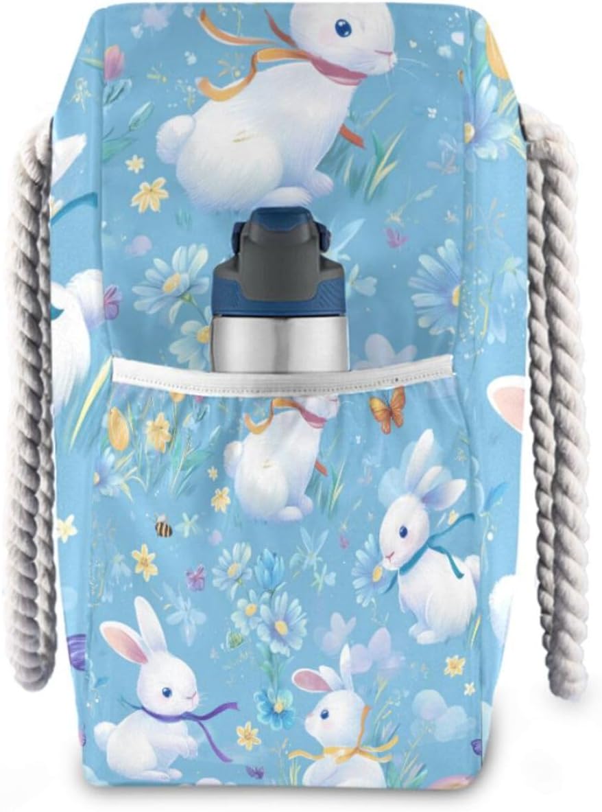 OTVEE Rabbit and Daisy Patterns Beach Bags for Women Ladies Large Canvas Tote Shoulder Bag Waterproof Travel Bags for Gym Swim Pool Camping
