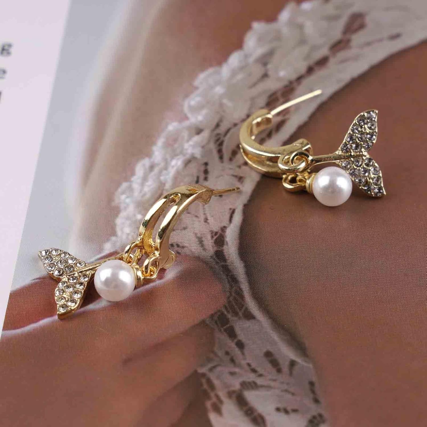Boho Crystal Pearl Dangle Earrings Cz Mermaid Tail Stud Earrings Gold Pearl Hoop Earrings Vintage Whale Tail Earrings Jewelry for Women - Image 7