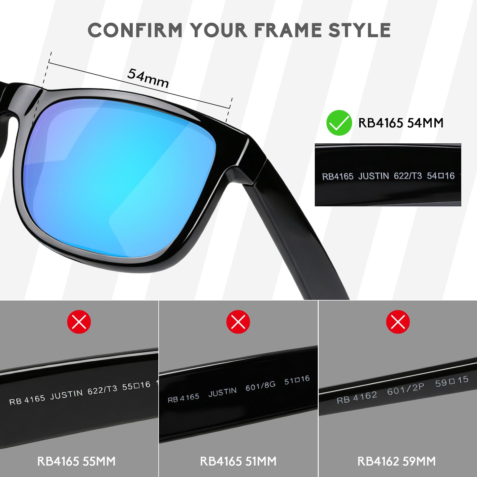 4 paia di lenti polarizzate di ricambio per occhiali da sole Ray-Ban Justin RB4165 54 mm, antigraffio e resistenti agli urti