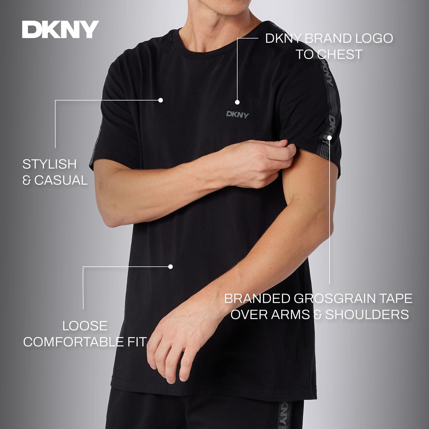 DKNY Herren Men’s T-Shirt, Designer Loungewear Short Sleeve Cotton Top with Branded Side Stripe T-Shirt