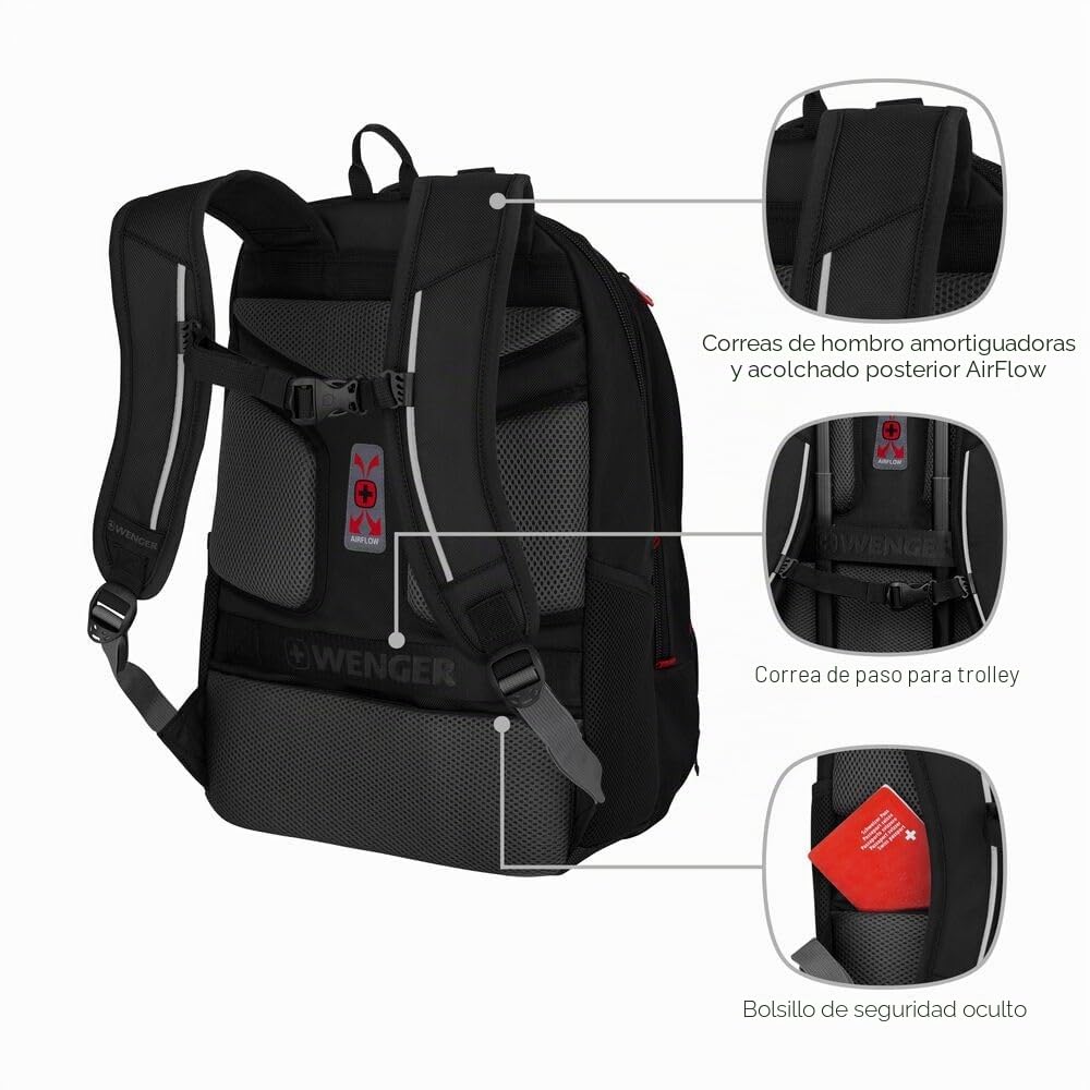 Wenger Carbon Pro Mochila para portátil con compartimento para tableta, portátil de hasta 17 ", compartimento para tableta, 33 l, mujer hombre, oficina viajes negocios universidad, negro, 653129