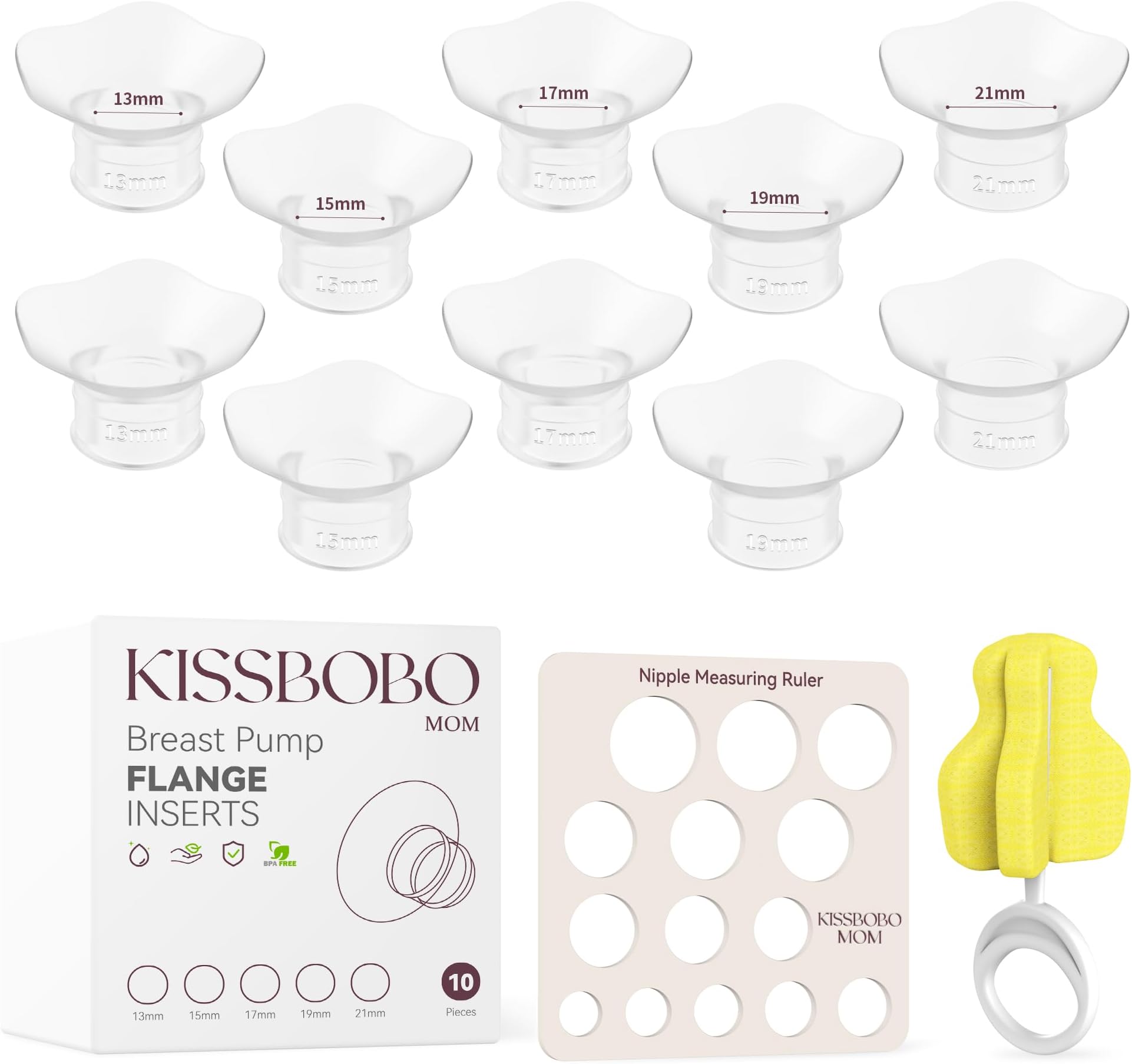 Electric Breast Pump Flange Sizing Kit, 5 Sizes (13/15/17/19/21MM), with Cleaning Brush and Nipple Measuring Ruler, Suitable for 24MM Breast Pumps, More Lighter & Compact, Easier to Clean