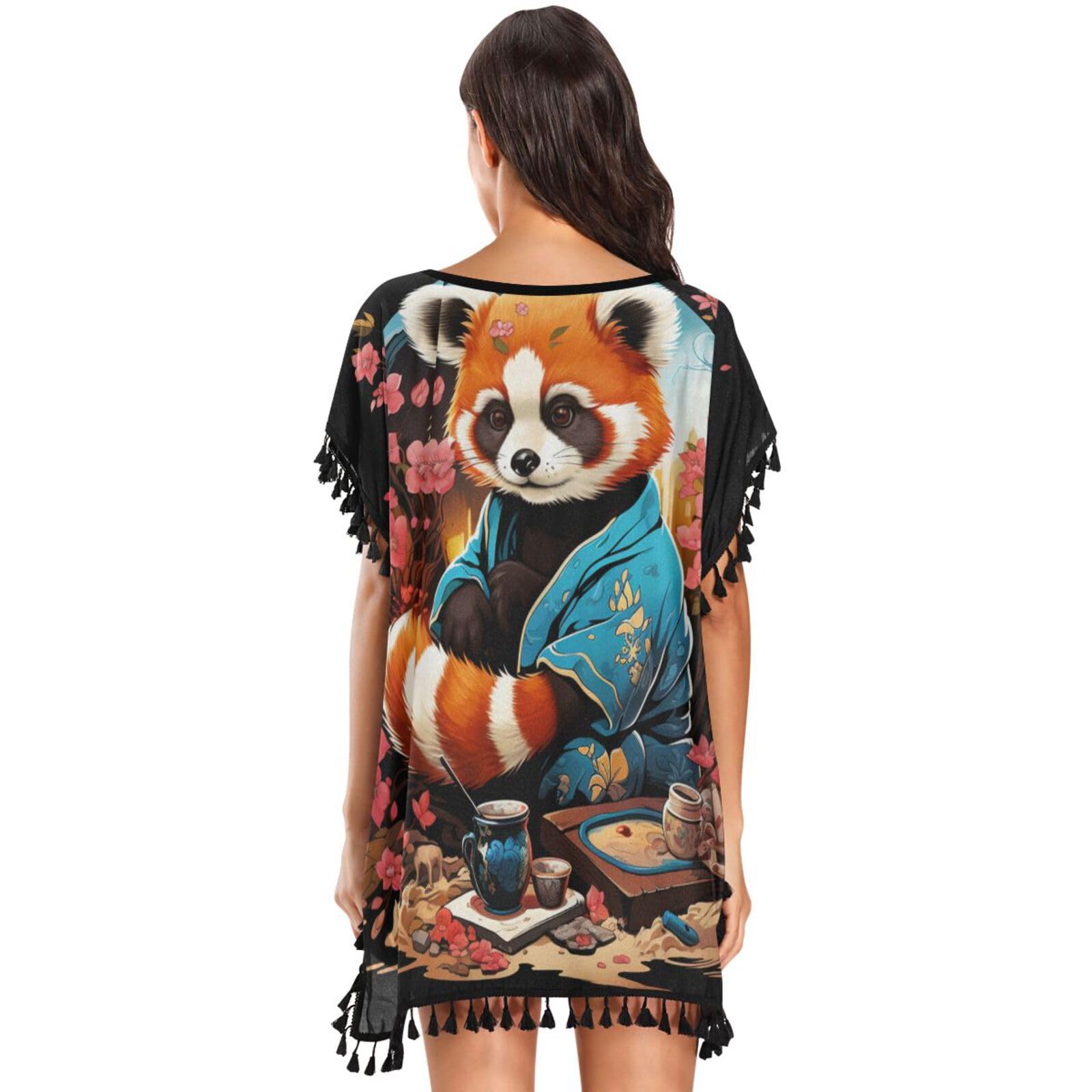 Japanese Red Panda Flower Women's Beach Cover Up Chiffon Tassel Swimwear Swimsuit Coverups for Girl