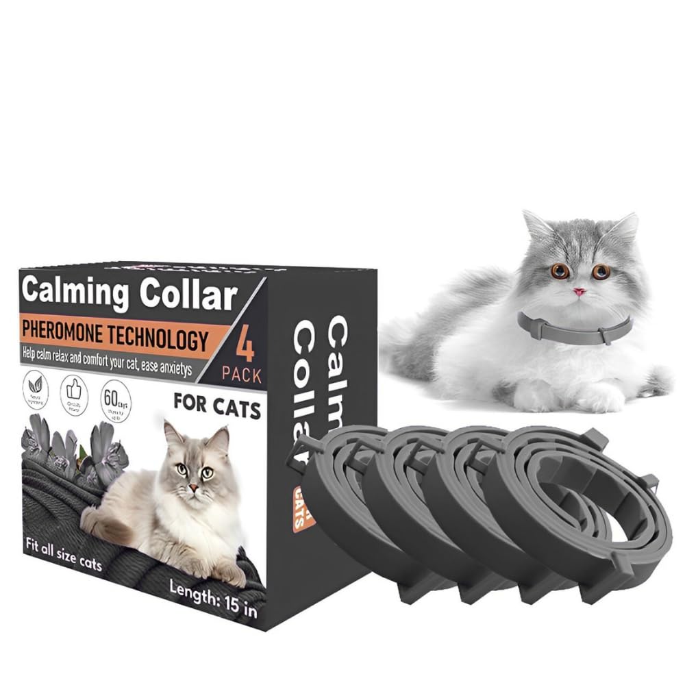 Calming Collar for Cats Pheromone 120 Day Anxiety Relief 4 Pack Adjustable Waterproof Breakaway Safety Buckle Helps Stop Spraying Scratching Meowing for Travel & Vet Visits (Grey)