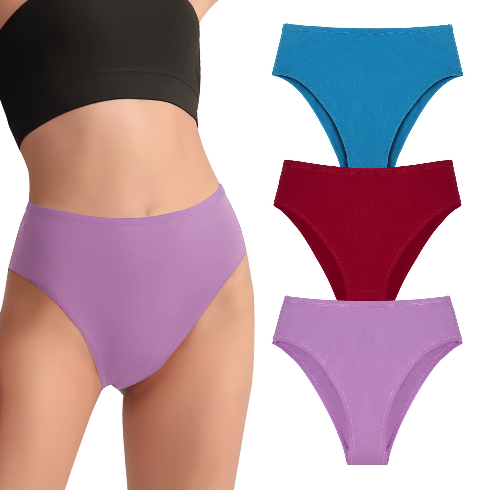 High Waisted Cheeky Tummy Control Brief for Women Soft Cotton High Cut Briefs 3Pack Size S-2XL