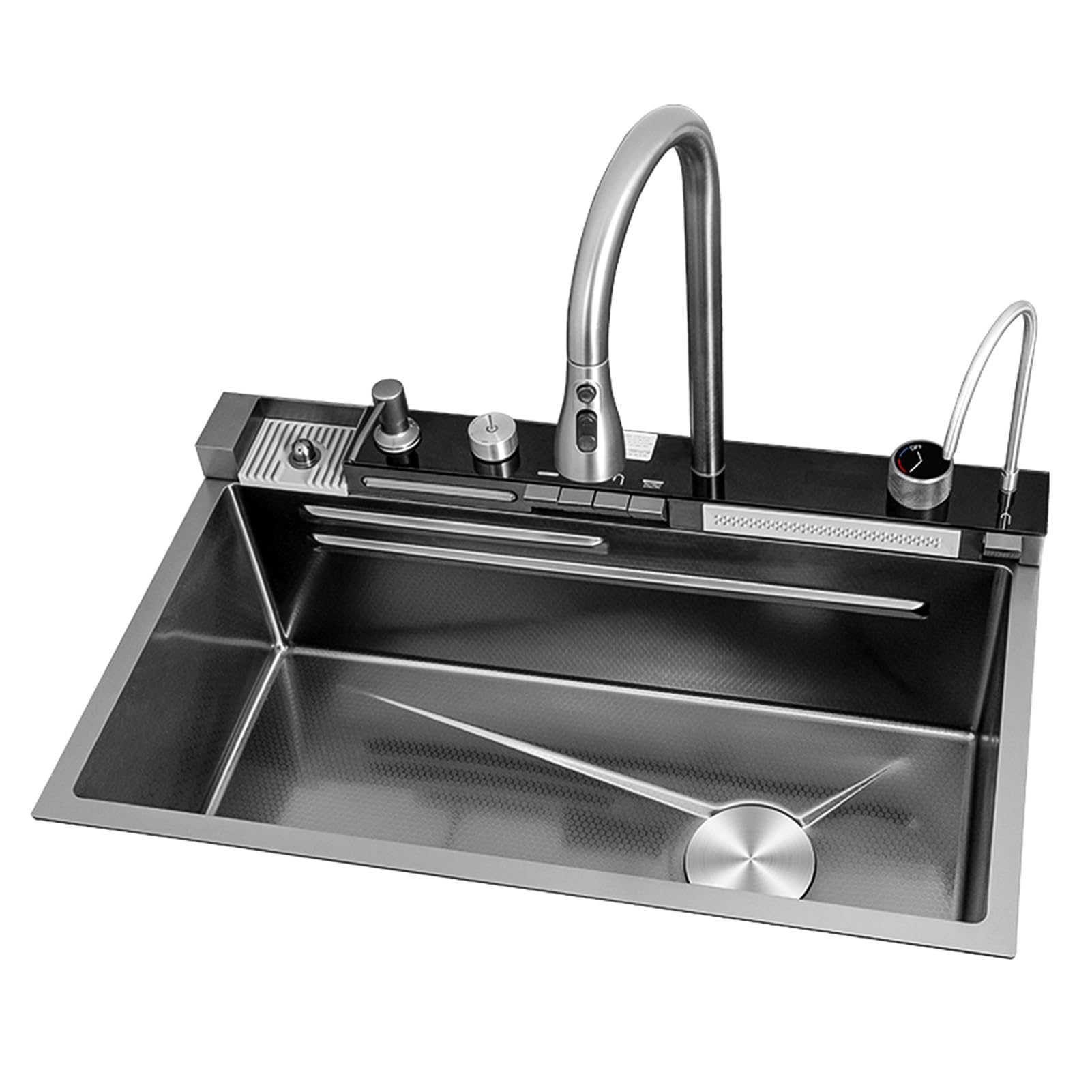 ZQFHSX Black Grey Large Waterfall Kitchen Sink, with Multifunctional Faucet, Cup Washer, Drinking Tap & Drain Kit, 304 Stainless Steel Bar Workstation Sink (Size : 80x46x22cm)