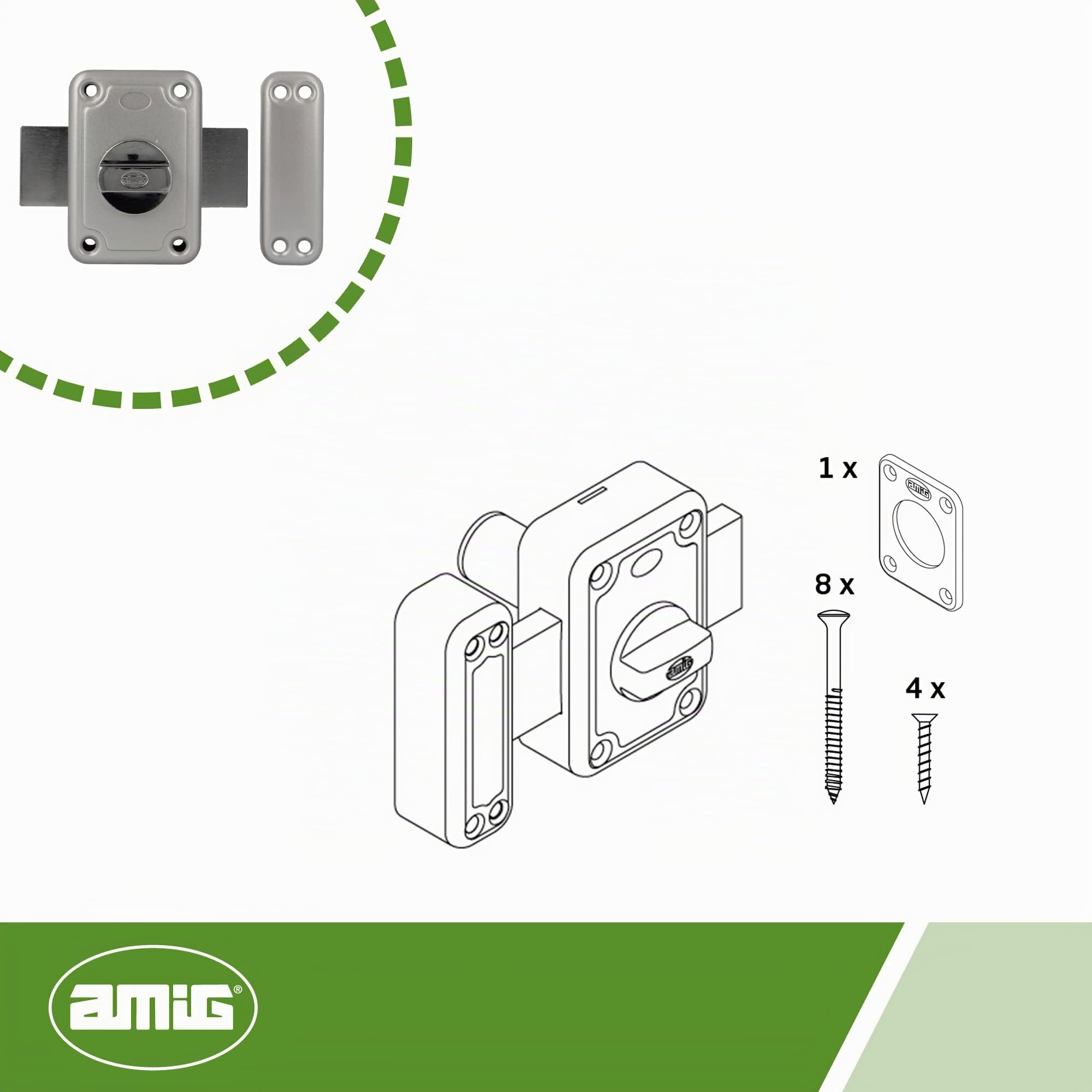Amig - Serrure à chevauchement avec levier de verrouillage et manchette intérieure pour portes en bois Mod. 80 | 96 x 66 mm | Loquet avec cylindre rond pour la sécurité | Acier émaillé argenté