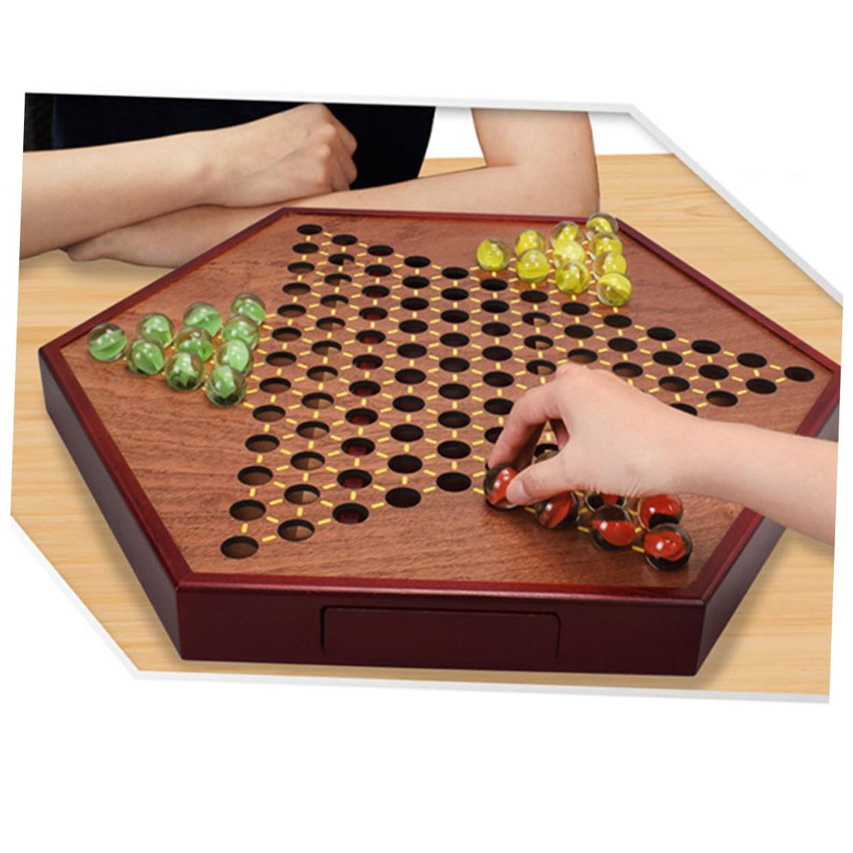 IMIKEYA Jeu de Dames Chinoises Bois avec Billes de Verre Jeu de Plateau pour Garçon Fille à Joueurs Divertissement Familial
